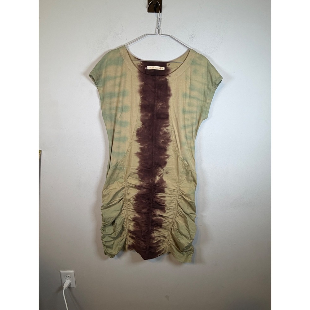 Wearables Womens Mini Dress Ruched Tie Dye Olive Green Brown Large